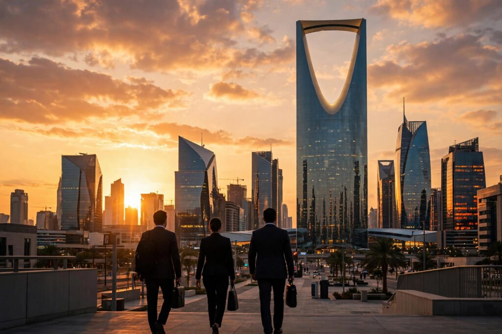 Riyadh skyline at sunset with professionals