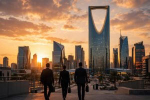Riyadh skyline at sunset with professionals