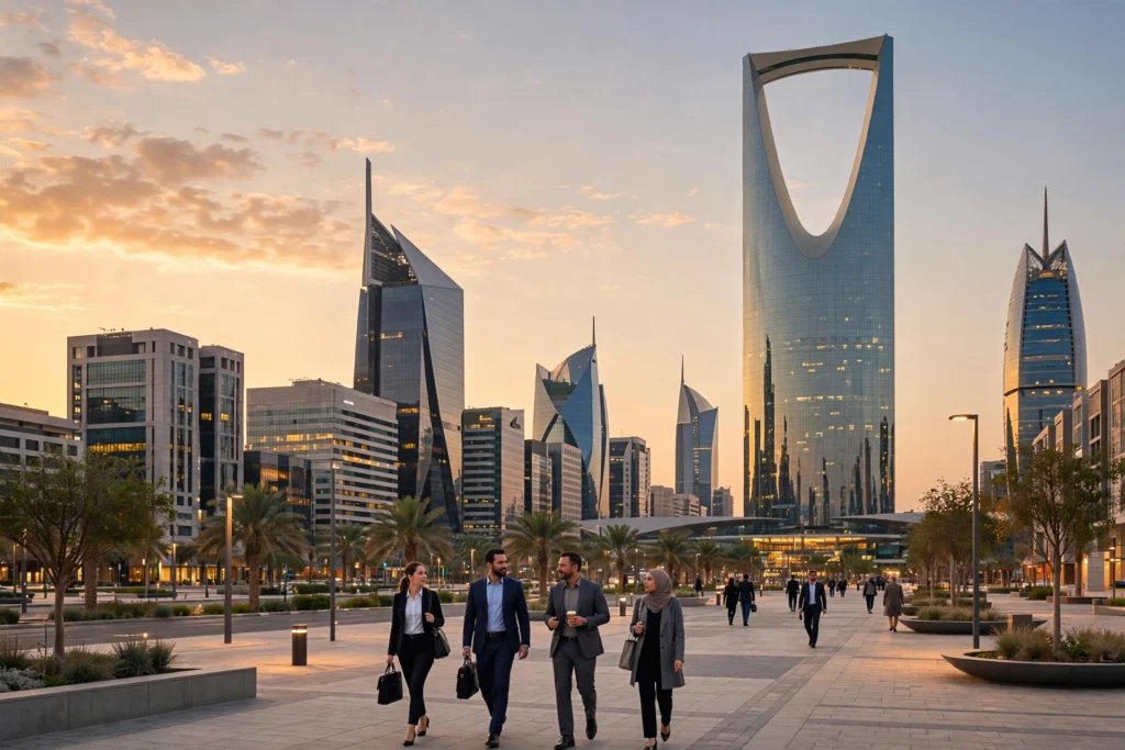 Riyadh skyline at golden hour, Saudi Arabia