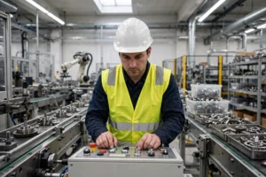 Factory worker operating machinery on a production line in Poland