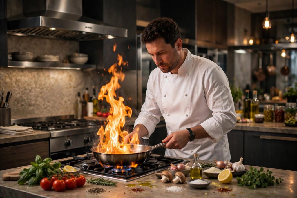 Chef at work in an Italian restaurant kitchen