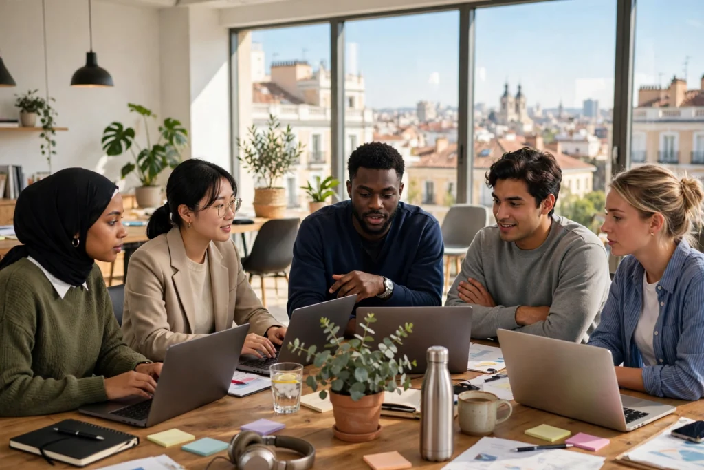 Professionals working in a modern Madrid office — jobs in Spain 2026
