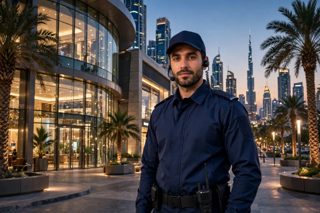 Security guard in uniform in front of a Dubai mall with the city skyline at dusk