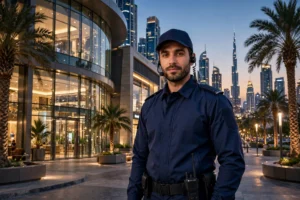 Security guard in uniform in front of a Dubai mall with the city skyline at dusk