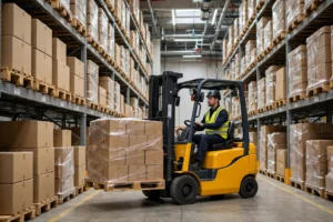 Warehouse worker driving a forklift in a German logistics warehouse