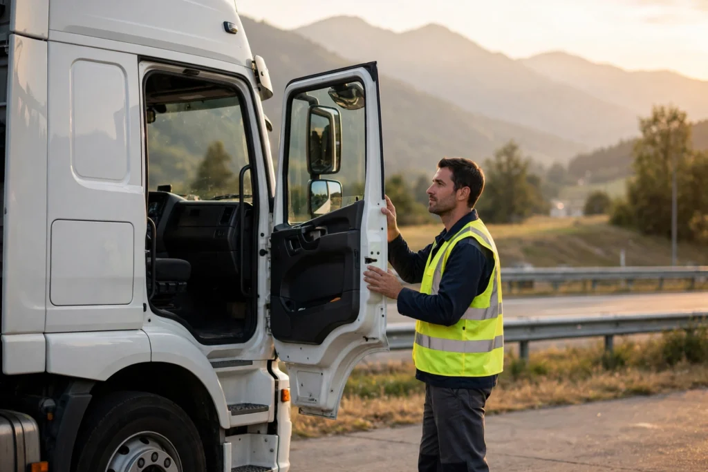 Truck driver beside his lorry at a European highway rest stop — truck driver jobs in Europe 2026
